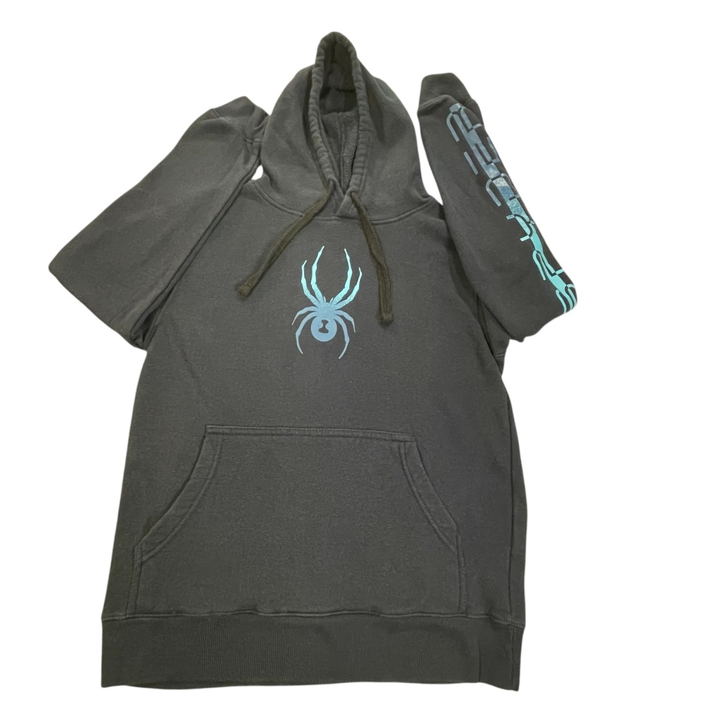 Spyder Mens Pullover Hoodie Black Blue Spider Logo Fleece Sweatshirt Small
